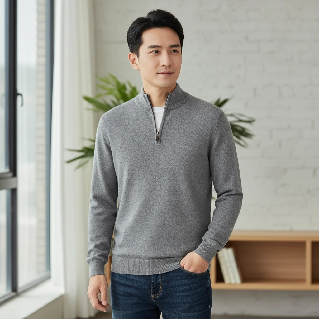 内蒙古纯山羊绒男士半高领拉链套头纯色长袖保暖休闲针织打底毛衣