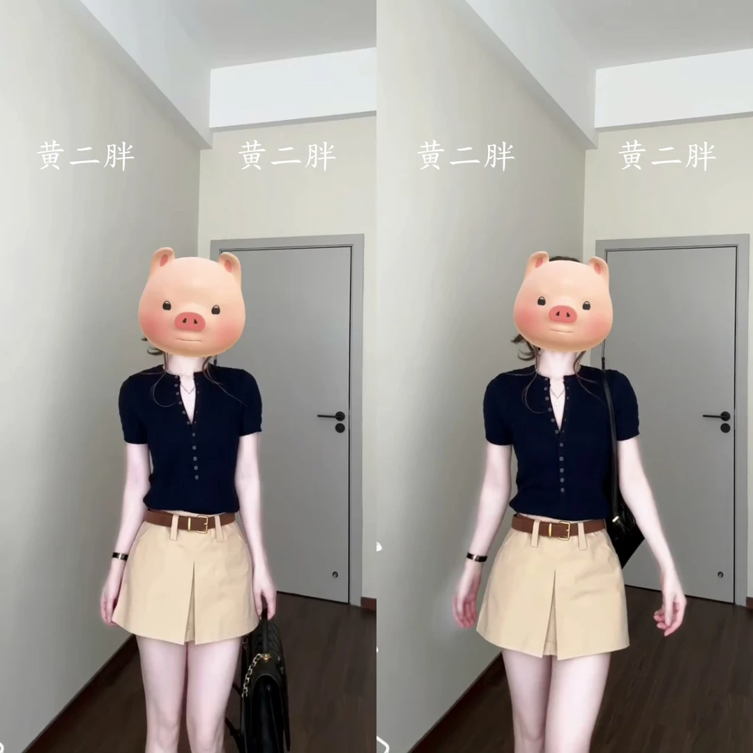 美式排扣半开领设计感正肩短袖夏季新款修身上衣+短裙两件套