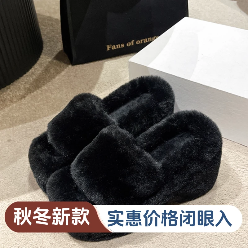 FAVMARTHA网红超火高跟毛毛拖鞋女秋冬外穿2023新款坡跟增高小个