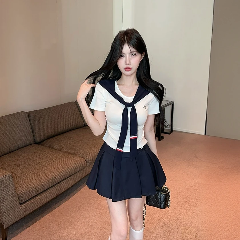 纯欲学院风辣妹套装夏季设计感海军领修身上衣高腰百褶裙两件套女