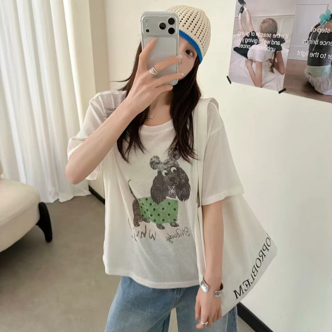 T3452 米奇帽小狗 做旧印花短袖T恤女