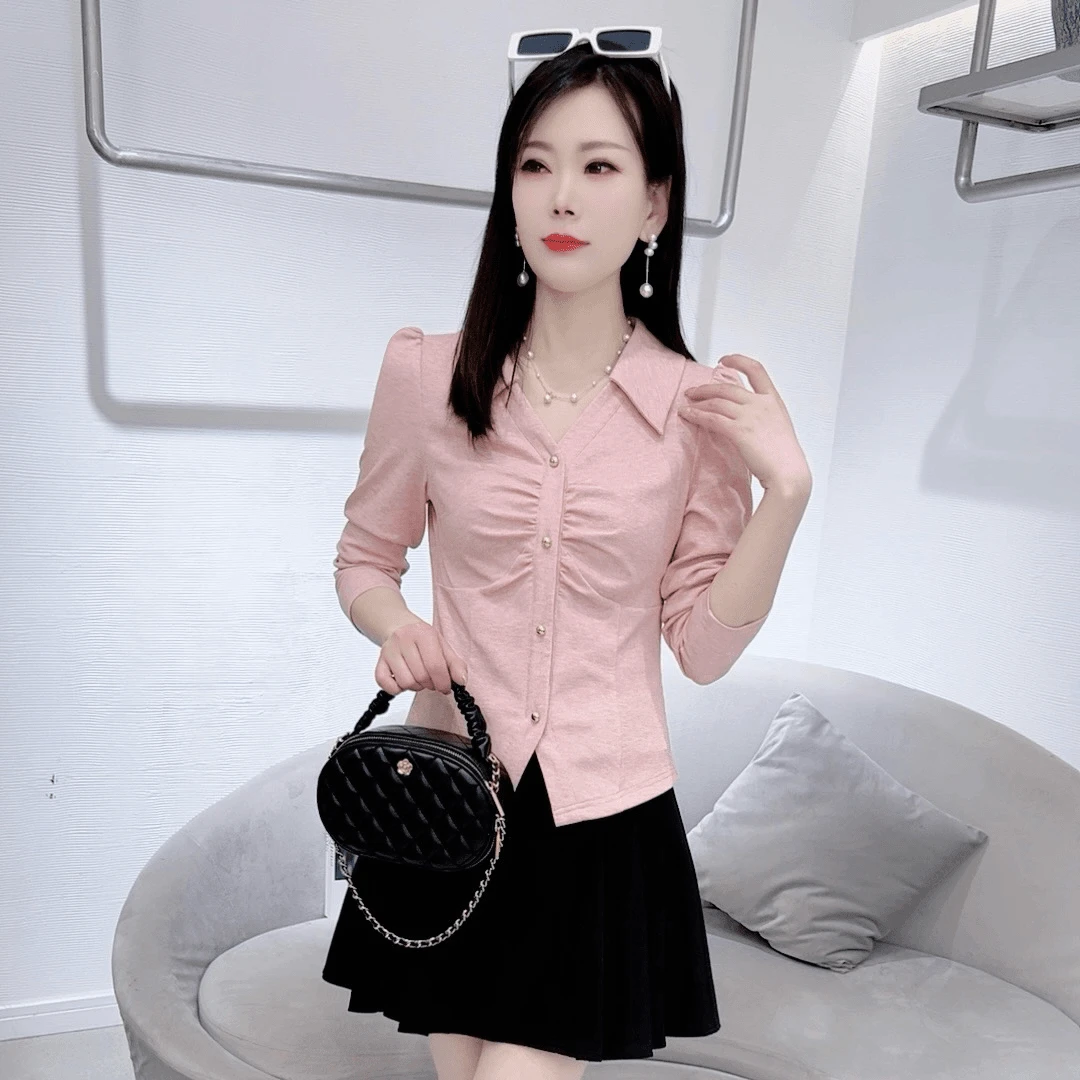 POLO褶皱女装长袖T恤2025春夏季修身新款显瘦气质小衫外时尚衬衫