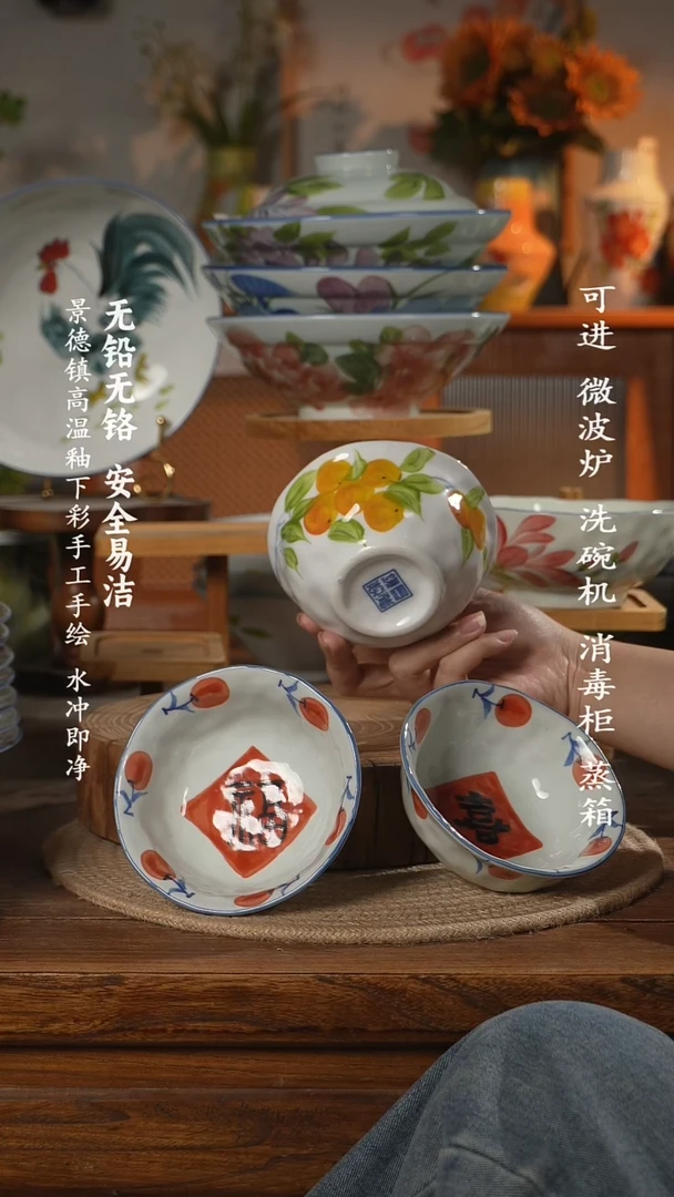 瓷景德镇高温瓷釉下彩手绘陶瓷3只