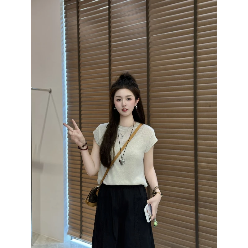 宿慕SUMU 夏季纯色简约针织T恤休闲新款2025百搭显瘦上衣C4507U