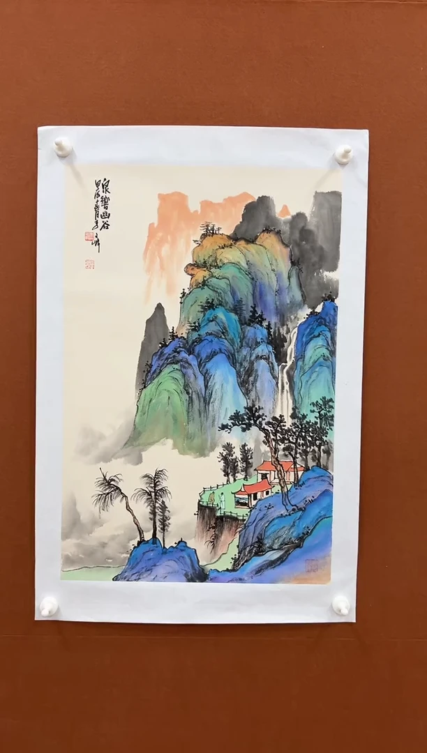 国画李文峰四尺三开重彩青绿