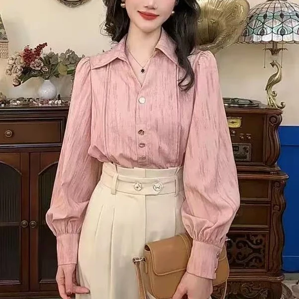 春季新款港风复古法式翻领设计感简约通勤衬衫女上衣衬衣【6012】