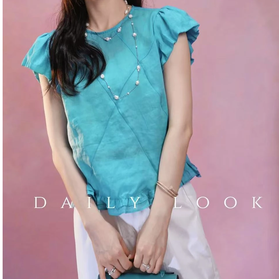 【封后轻奢设计】【结构美学】柔美风花边显瘦短袖女6393