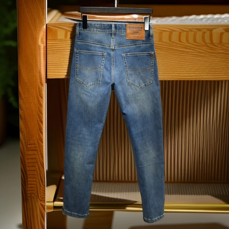 维斯克纳时尚休闲男士牛仔裤男新款潮牌修身小直筒长裤蓝色休闲裤