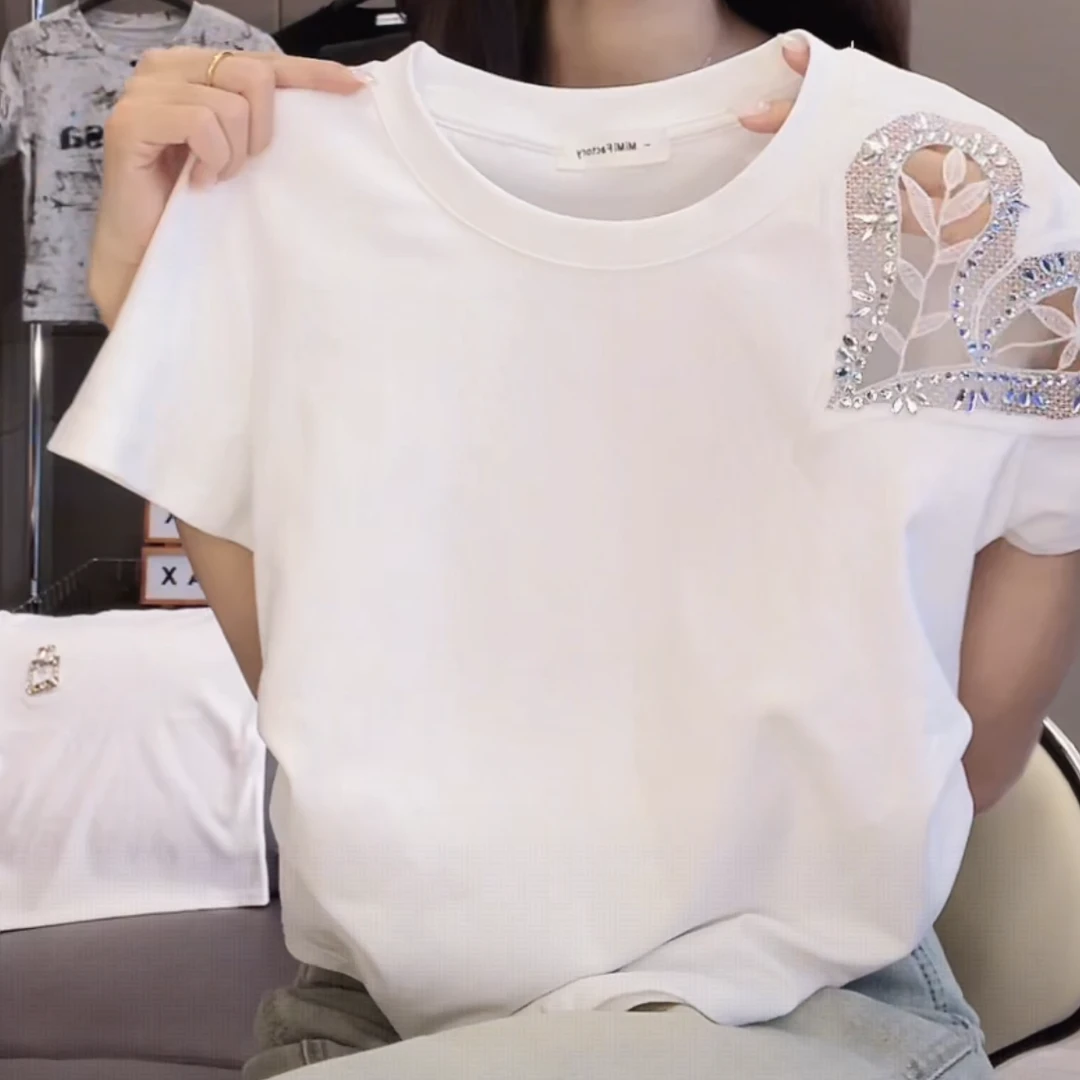 设计款褶皱爱心烫钻蕾丝短袖T恤女2025夏季新款修身显瘦圆领上衣
