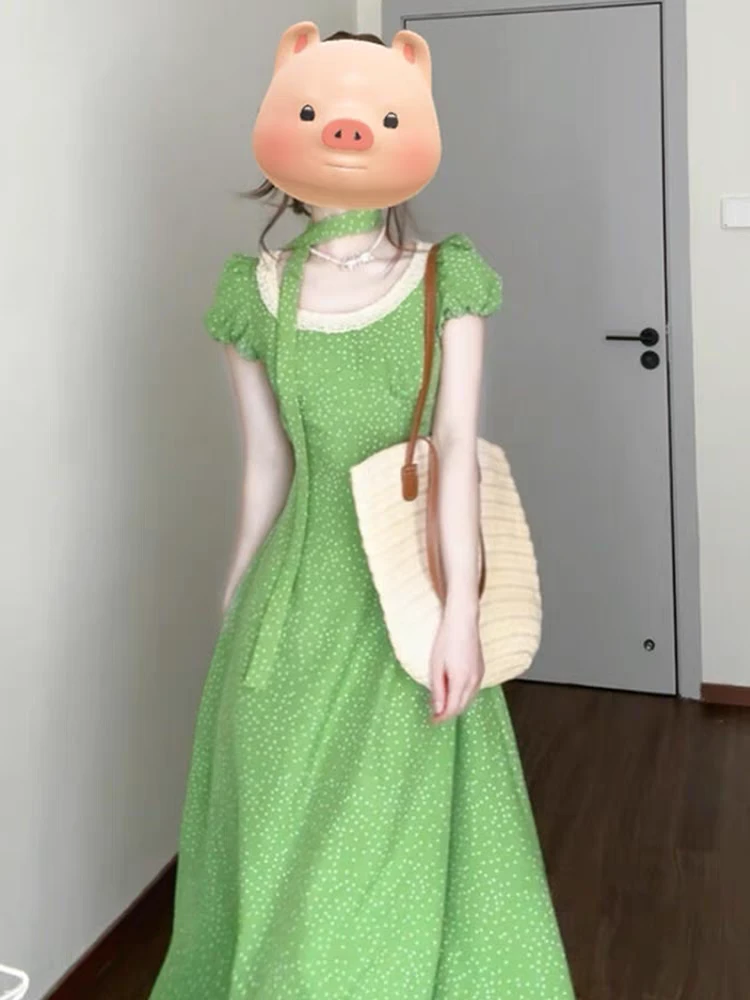 2025夏季新款法式复古绿色波点连衣裙清新气质收腰显瘦长裙子减龄