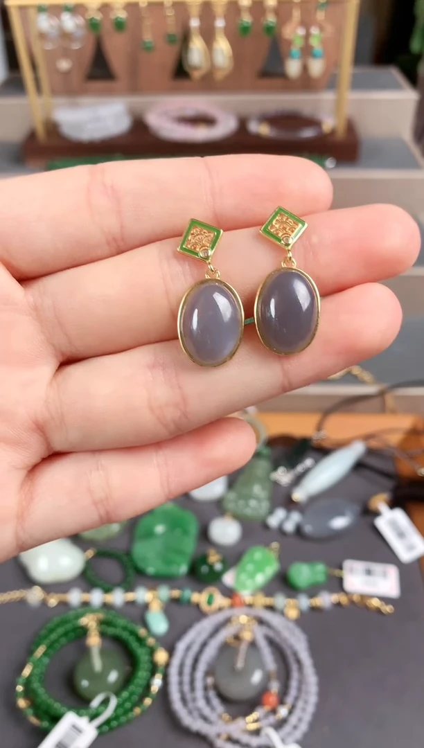 银S925镶嵌和田玉耳饰1