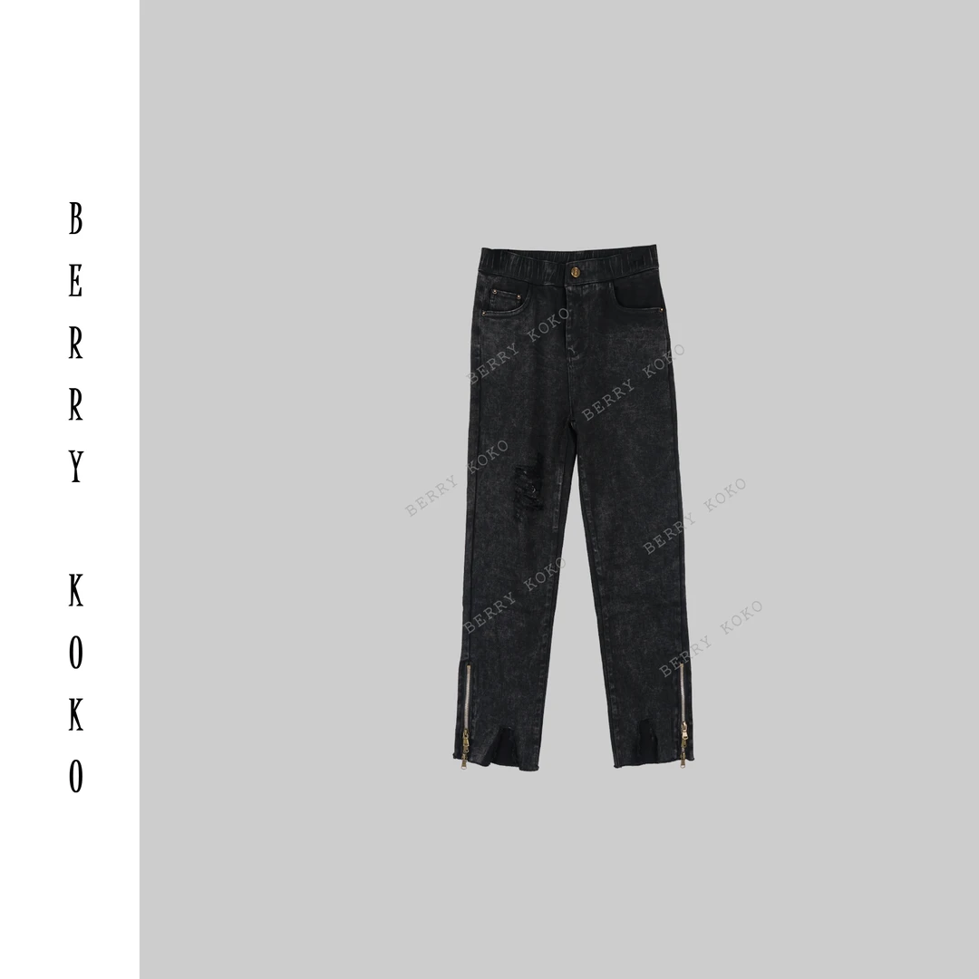 【MISSKO】炒盐工艺复古拉链8分开叉显瘦直筒八分烟管裤修身百搭K40