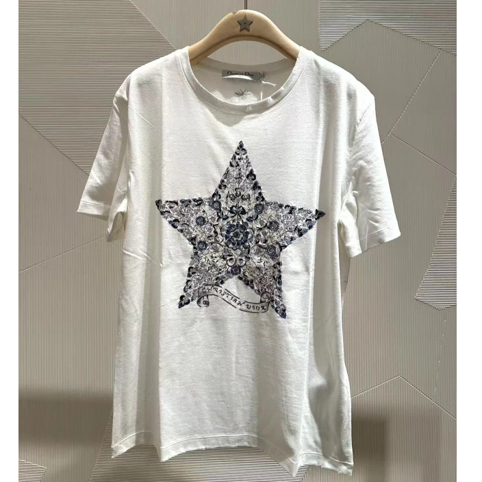 慕溢-25时尚白色星星印花短袖T恤