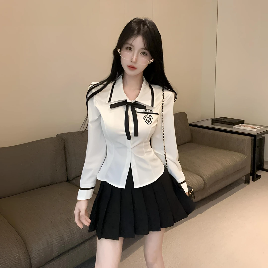 学院风高腰百褶裙辣妹套装秋季气质显瘦白色长袖衬衫jk制服两件套