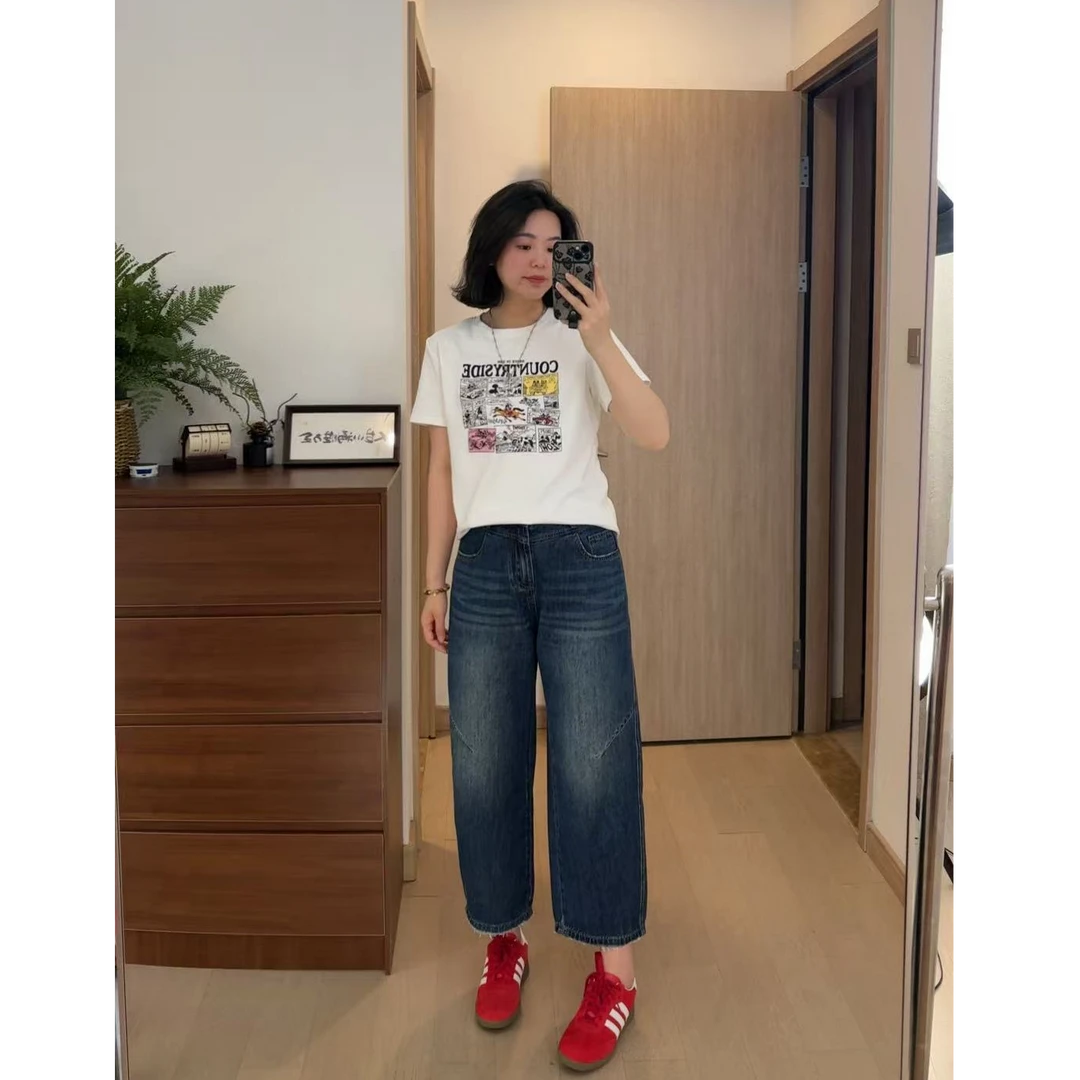 日系中高腰夏款阔腿牛仔裤女梨形身材宽松小个子九分哈伦裤2025