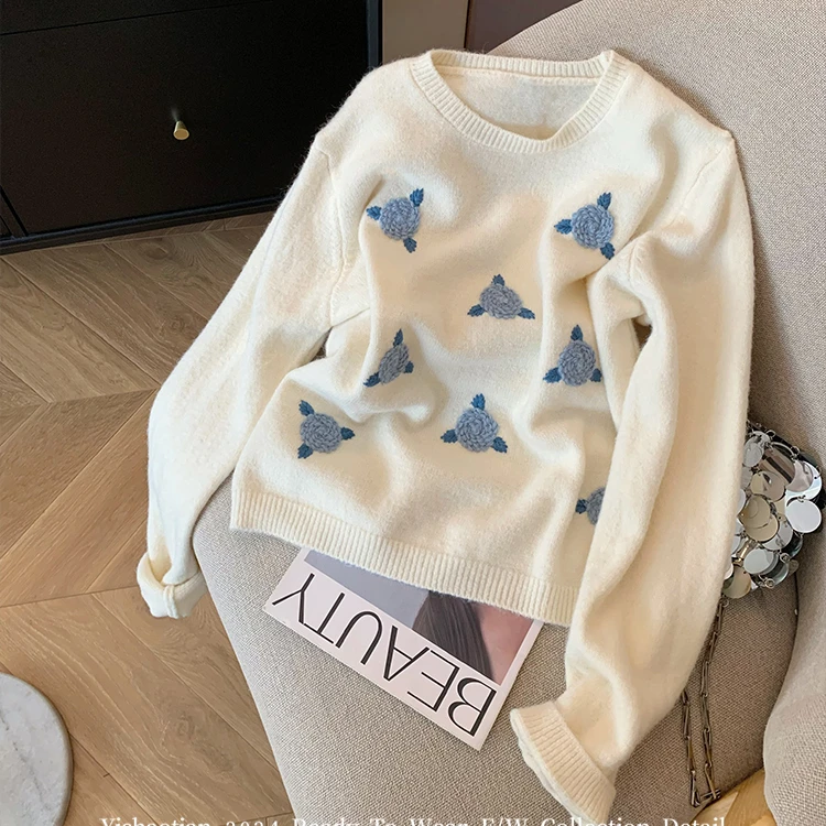 白色花朵刺绣套头毛衣女2025春秋新款气质百搭软糯甜美短款针织衫