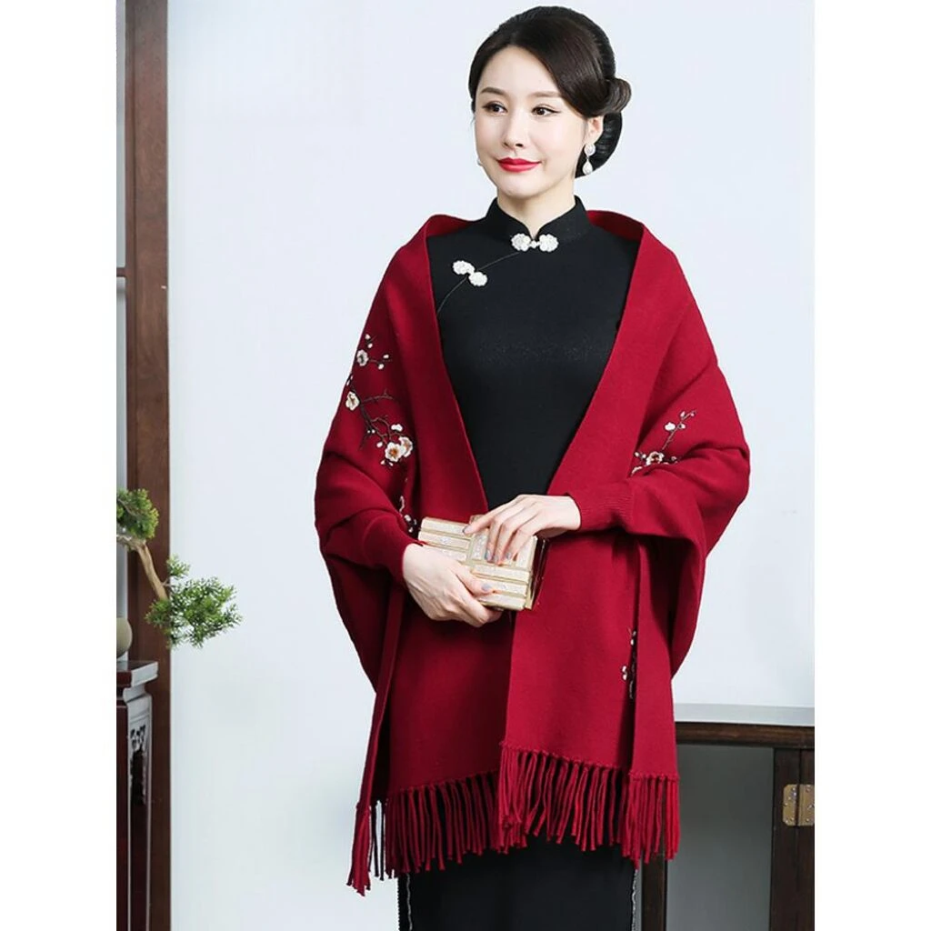 刺绣秋冬披肩婚礼妈妈配旗袍外搭喜婆婆羊绒带袖结婚礼服斗篷外套