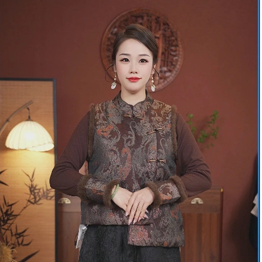 【咖色织梦】时尚加厚棉马甲秋冬款新品加厚马甲百搭中式复古保暖