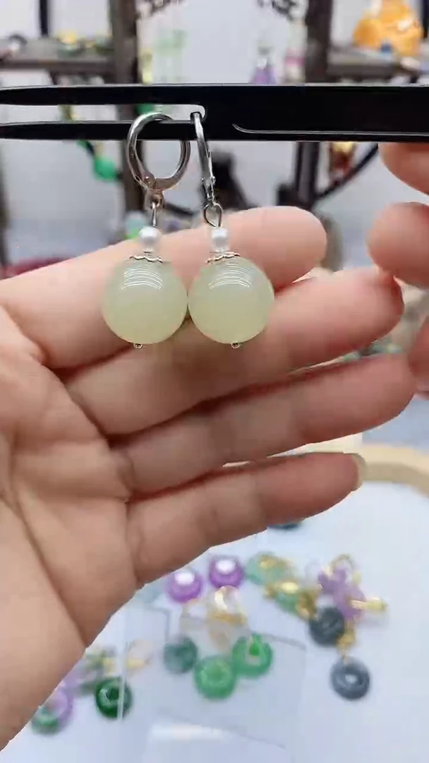 和田玉银S925镶嵌耳饰134