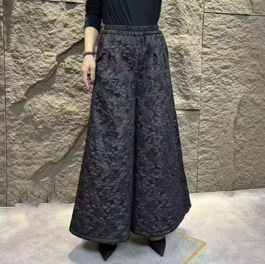 688/直筒时尚时尚网红休闲百搭黑色复古国风中式提花阔腿裤宽松