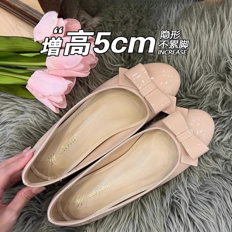 羊皮版~小个子内增高单鞋2025春夏新款蝴蝶结小香风配裙子芭蕾鞋