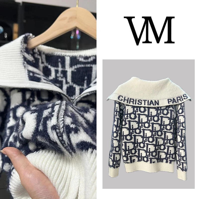 名媛小香风长袖针织开衫毛衣外套女秋冬新款宽松海军领上衣cx7794