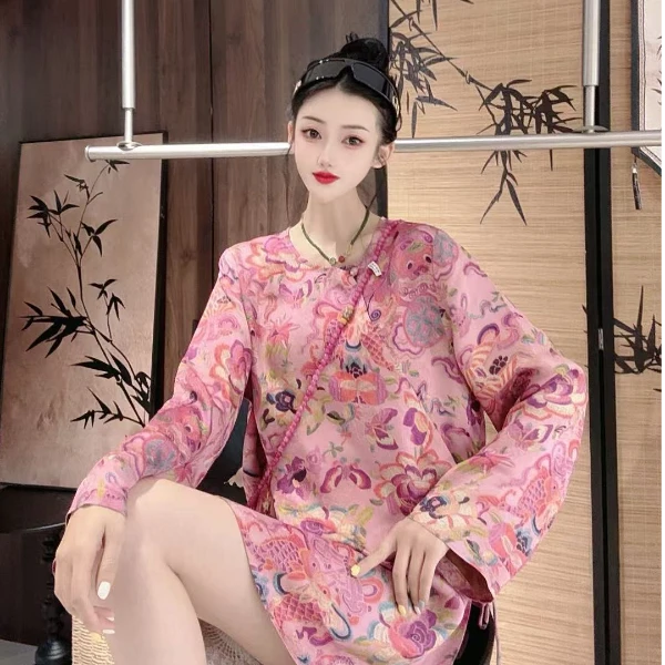 (禧隐.麒麟报喜）国风新中式网红春夏宽松中国风长袖女装上衣日常