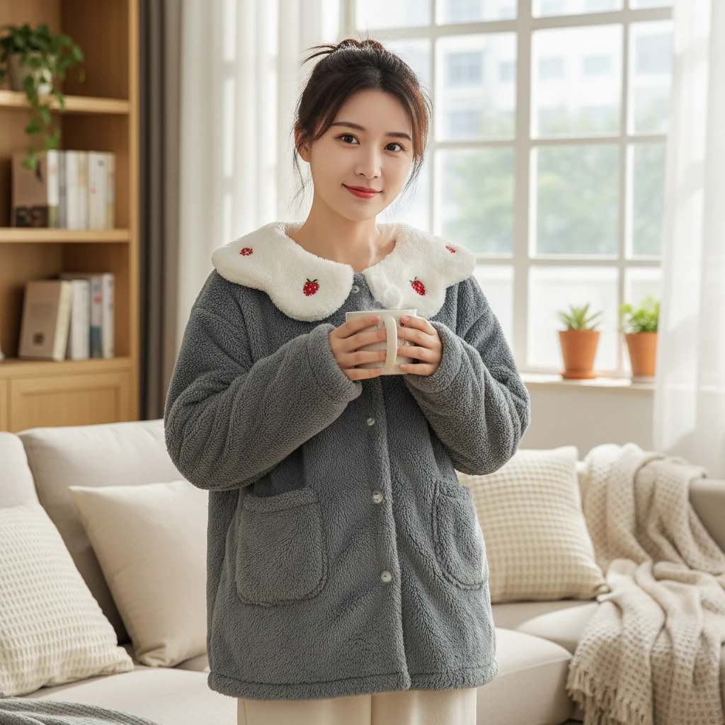 《云云家》蓝色秋冬草莓花瓣领法兰绒睡衣上衣