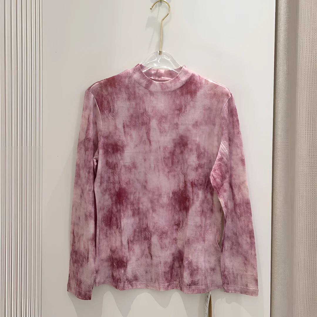 美丽诺羊毛长袖T恤女圆领印花扎染打底衫气质显瘦上衣