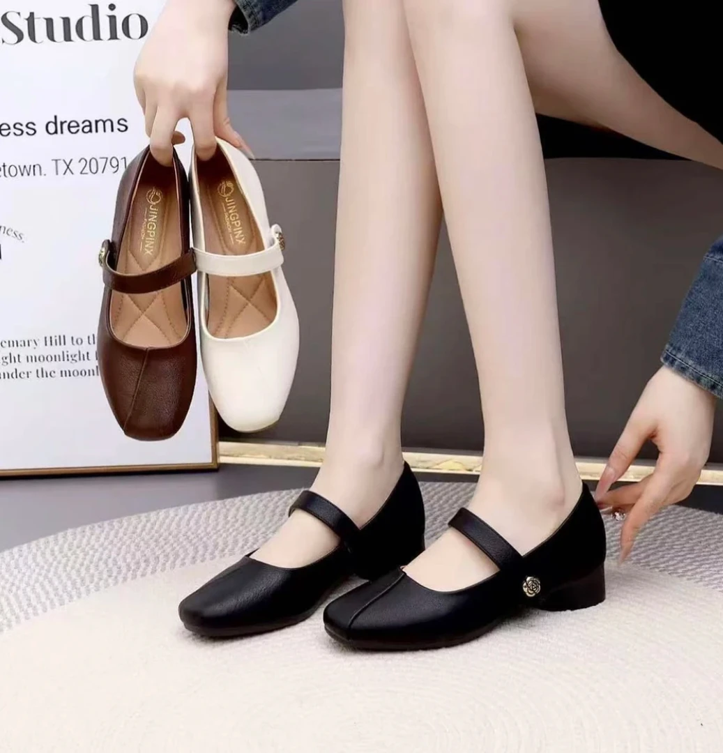 2025春秋季真皮复古圆头浅口单鞋一字带设计舒适软底低跟粗跟女鞋