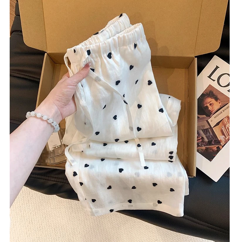 松弛感爱心休闲直筒裤女夏季薄款2025新款温柔宽松显瘦阔腿裤韩系