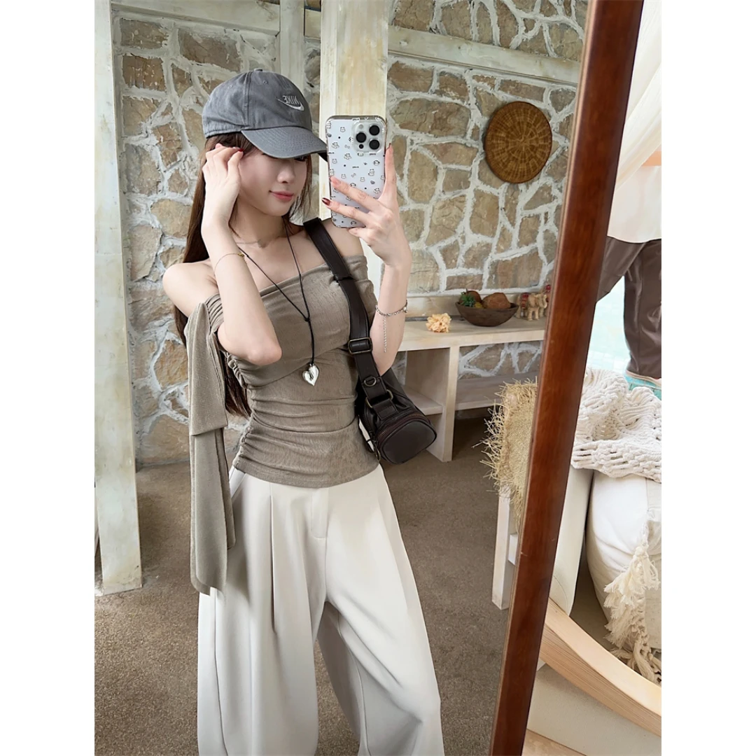 性感露背斜肩褶皱辣妹打底修身纯欲上衣+垂感拖地西装休闲裤80155