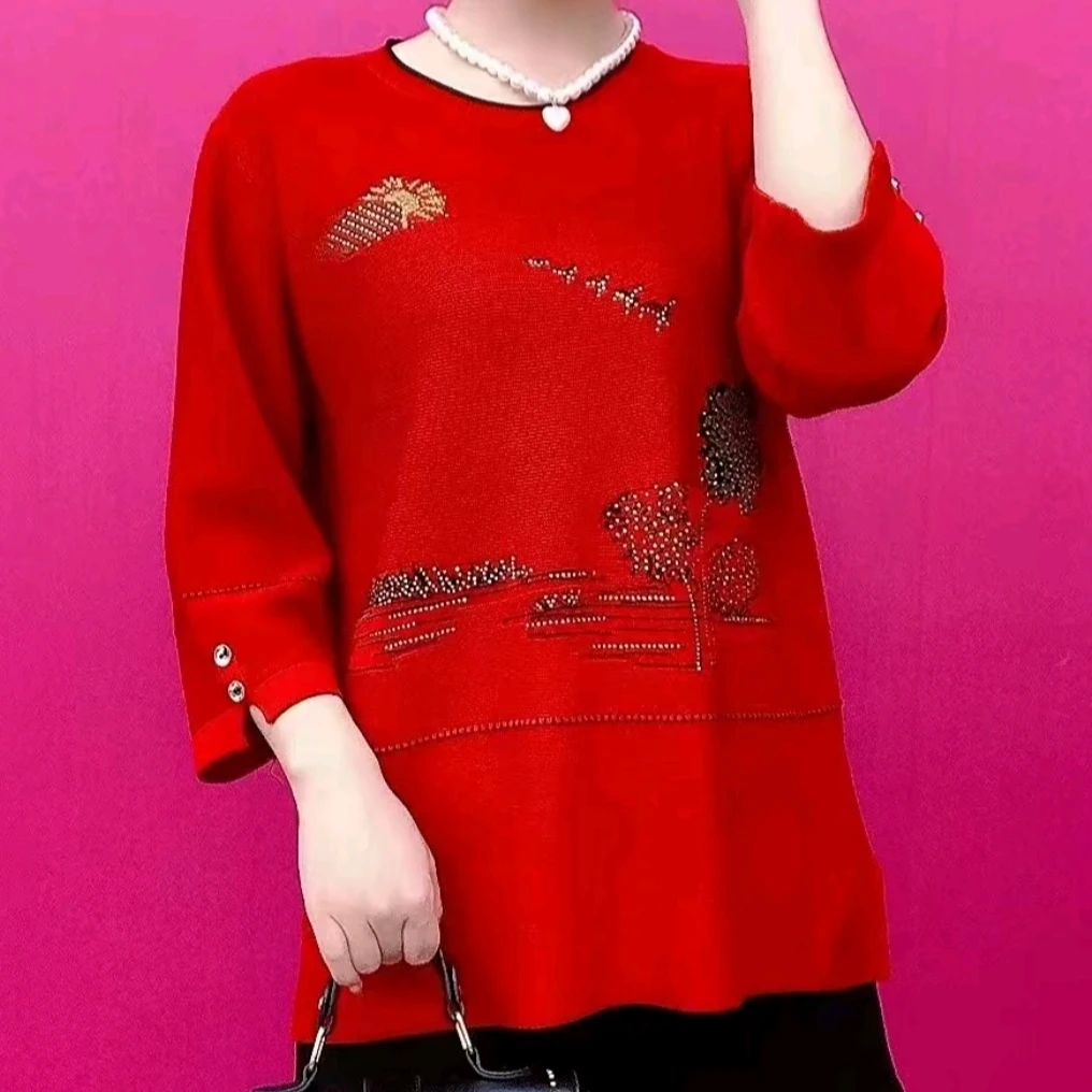 中老年妈妈冬款针织打底衫2025新款宽松休闲女装时尚烫钻打底小衫