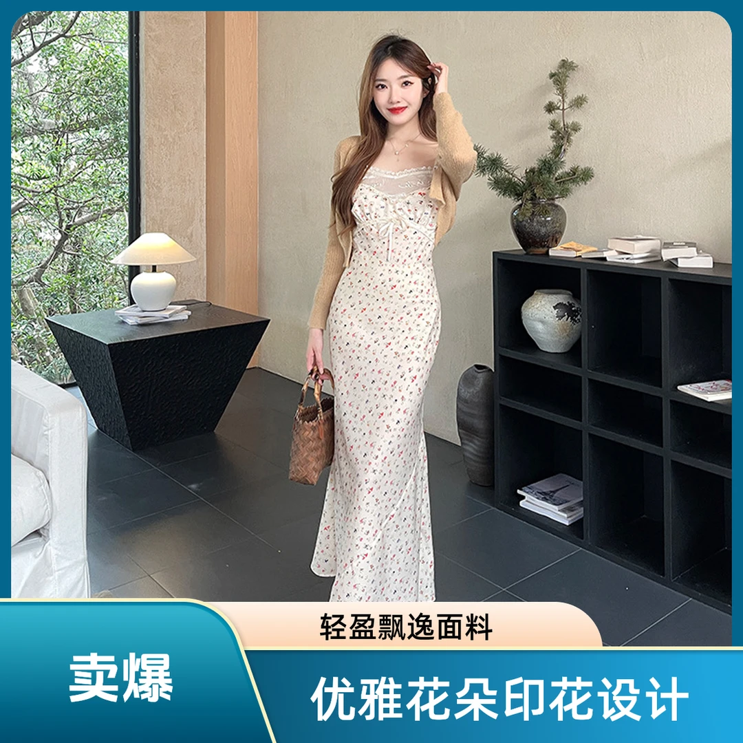 韩系碎花修身不规则连衣裙印花长裙开叉夏季吊带碎花吊带裙连衣裙