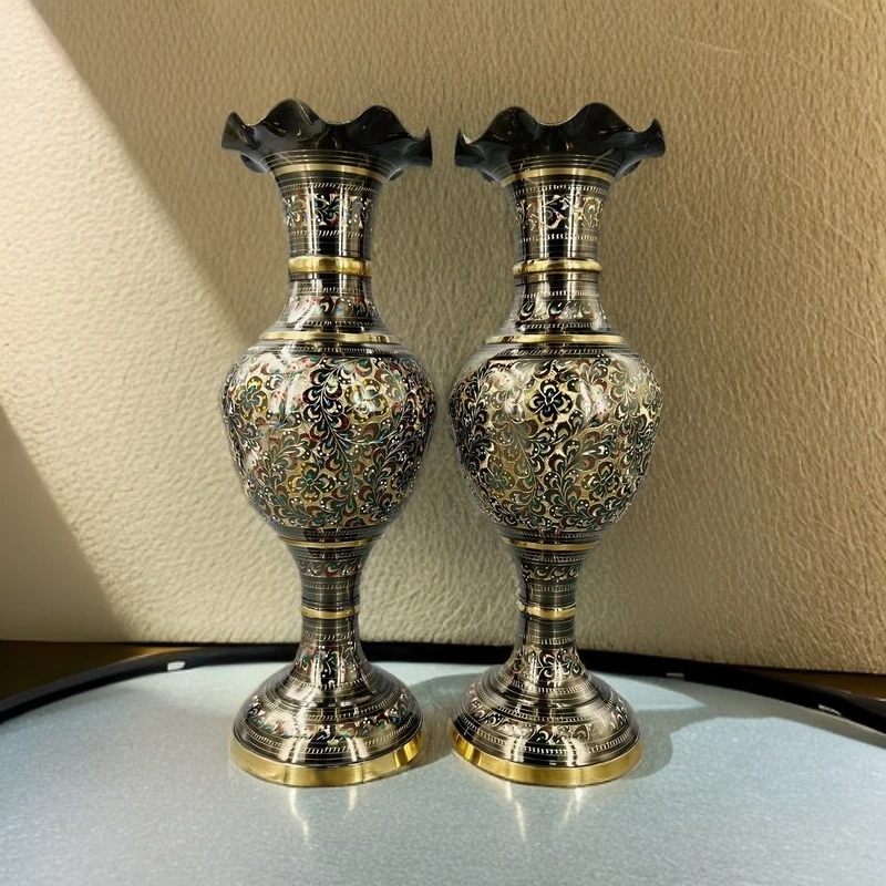 纯手工黄铜彩绘keshmiri花瓶一对36㎝欧式纯铜客厅装饰用品