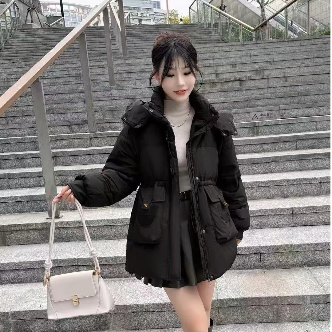 8801-yu 韩版抽绳收腰连帽女冬季新品短款过膝纯色保暖外套潮