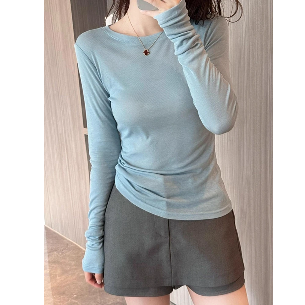 2025新款圆领纯色简约风修身显瘦微透长袖T恤女纯欲慵懒风女装