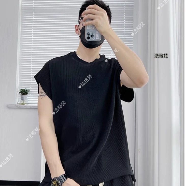 夏季薄款高街背心男冰丝速干夏季砍袖体恤衫短袖上衣圆领无袖坎肩