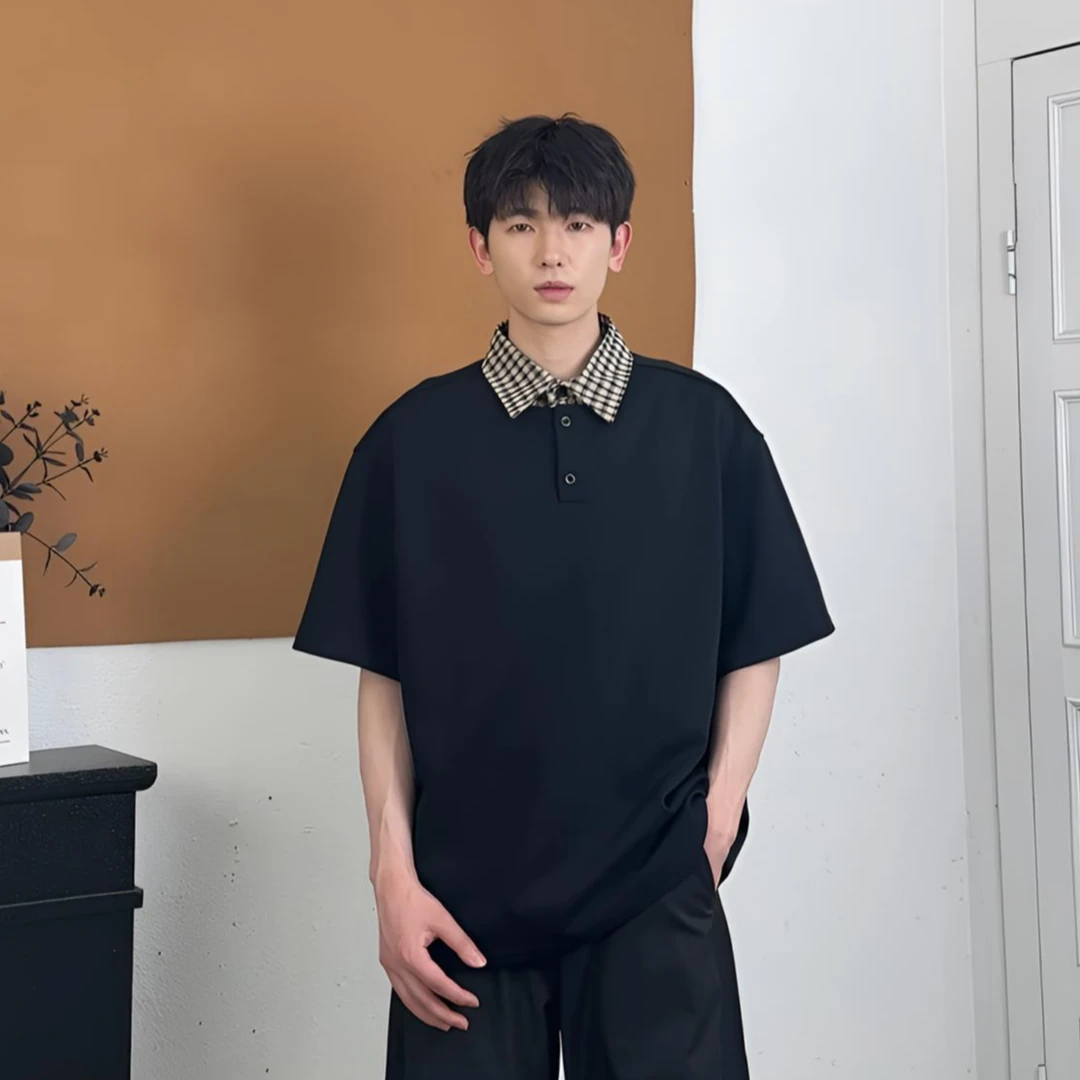 【HXOS】夏季新款衬衫格子领三色短袖男女情侣学院风韩系假两件