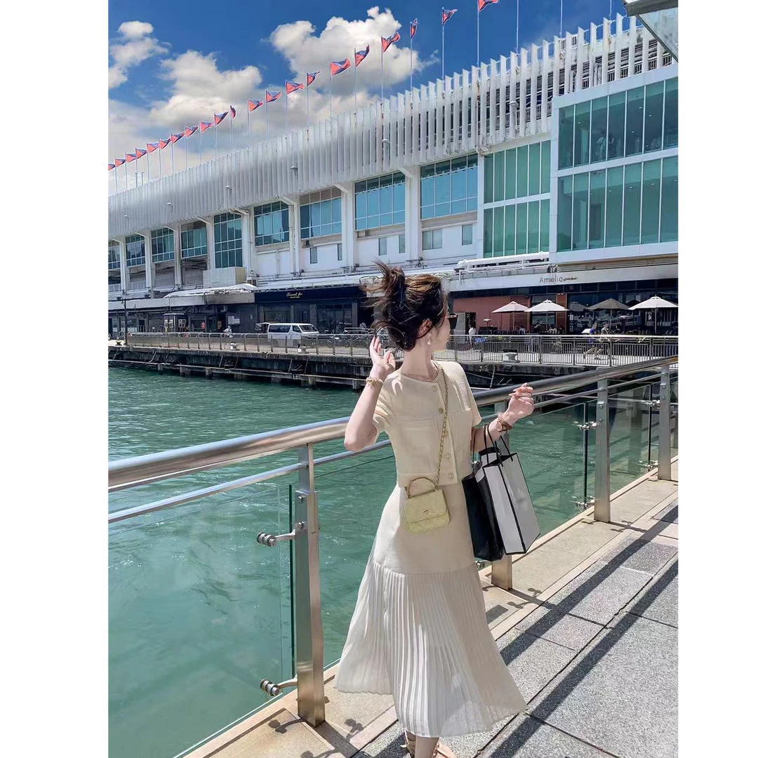 【25013-2】夏季小香风套装裙短款短袖上衣雪纺拼接半身裙两件套女