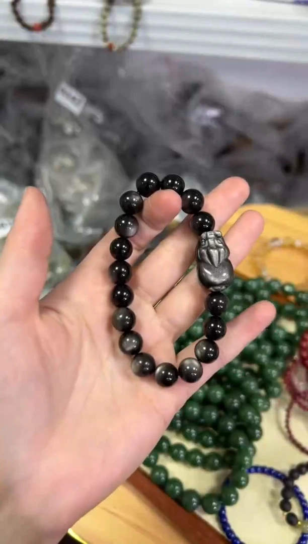 【闪购商品】黑曜岩手链未镶嵌银曜石貔貅款手串10MM[0250]