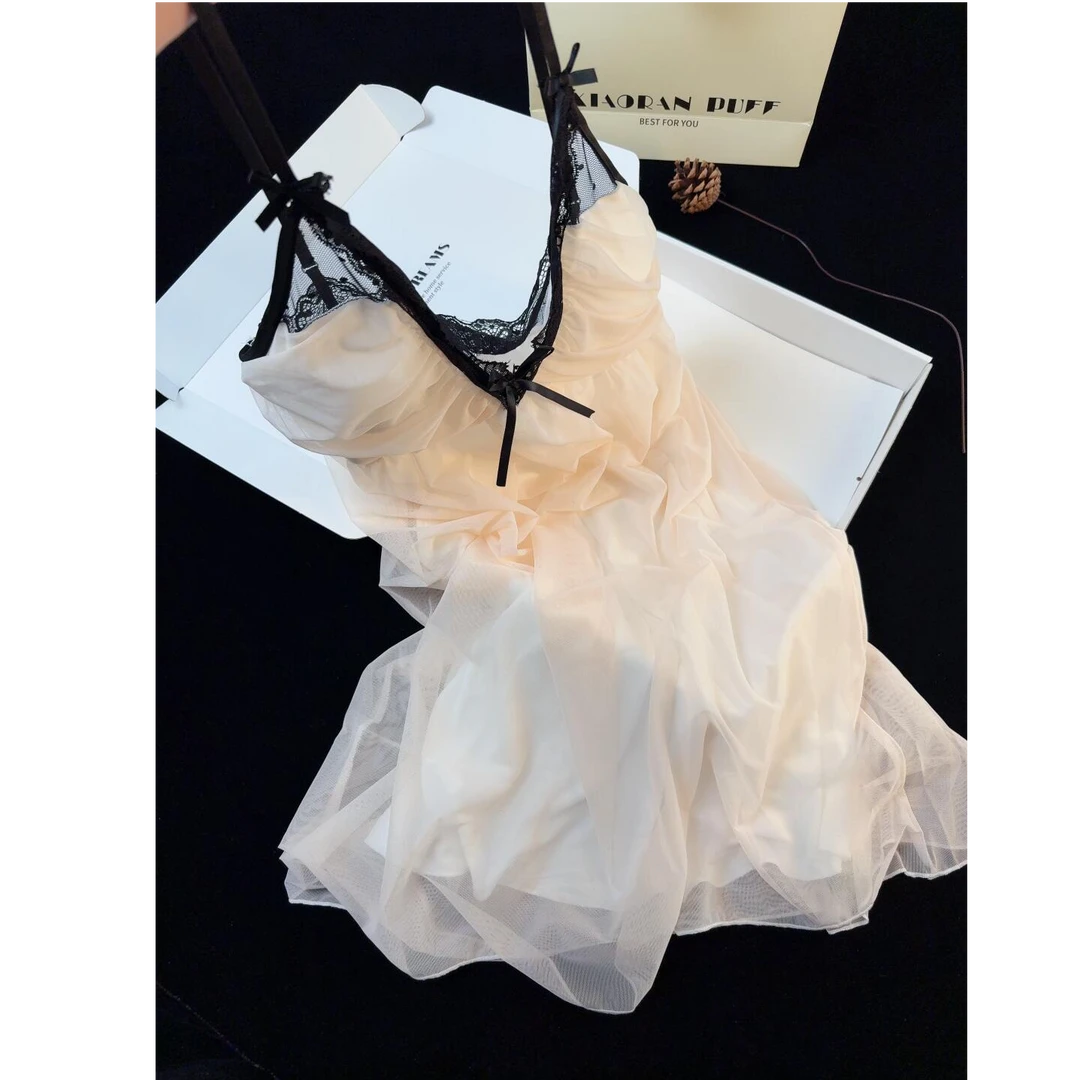 法式纯欲少女网纱蕾丝带胸垫吊带睡裙女夏季新款宽松家居服可外穿