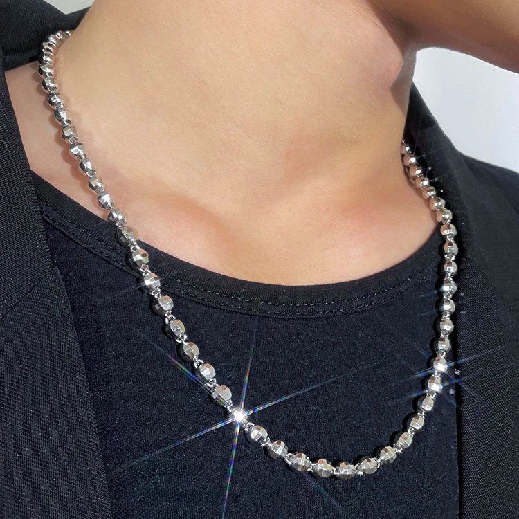 链子925银 镭射圆珠项链猫眼镀铂金pt950百搭男女小众纯银项链