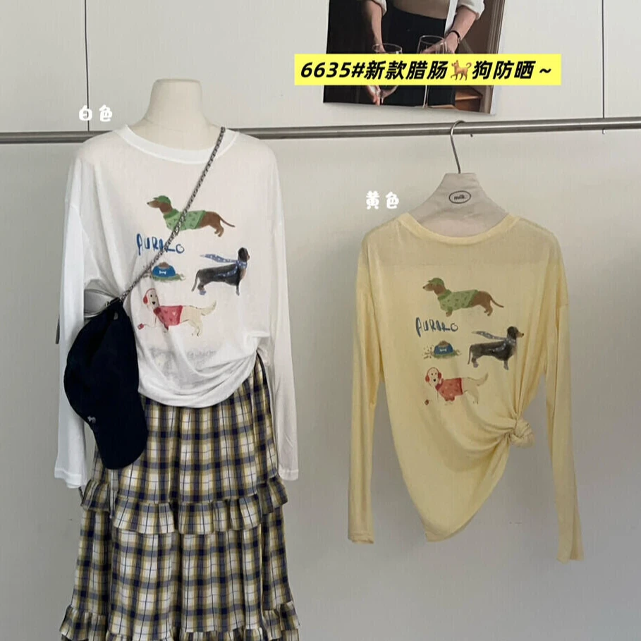 无感印花长袖T恤女ins风夏季轻薄透气雪花棉休闲减龄百搭凉感上衣