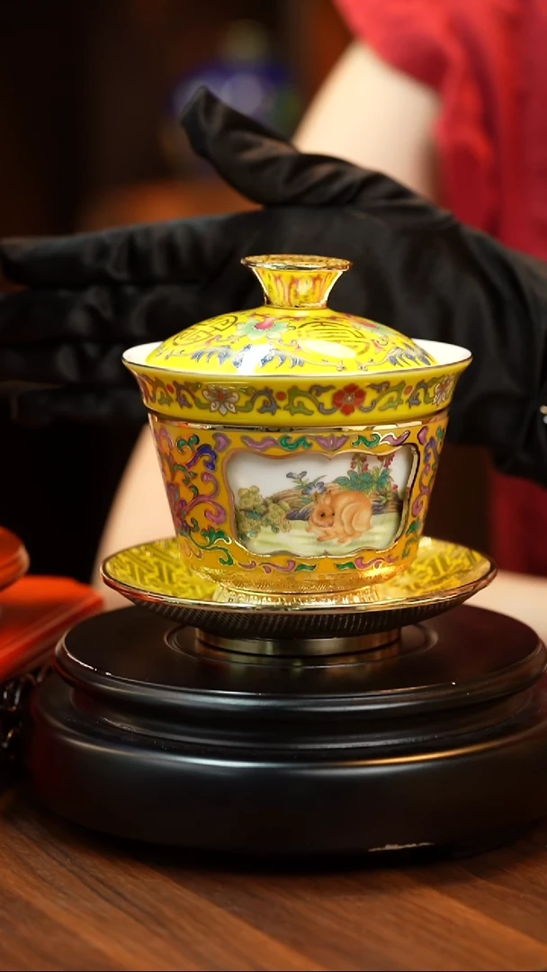 双非遗大师  旋转盖碗杯 玉兔开泰