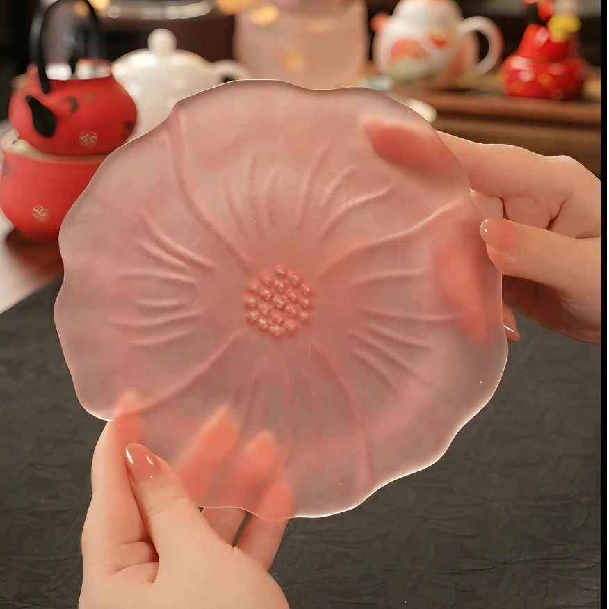 仿琉璃粉色磨砂玻璃莲花莲瓣青云茶斋陶瓷茶具点心盘