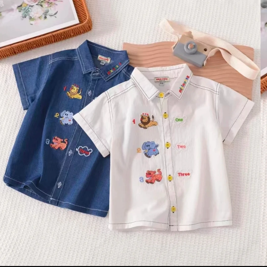 日系童装男女宝宝重工刺绣飞机牛仔衬衫