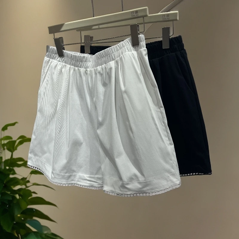 韩版大码微胖显瘦女士高腰夏季棉麻花边短裤简约纯色潮流女士