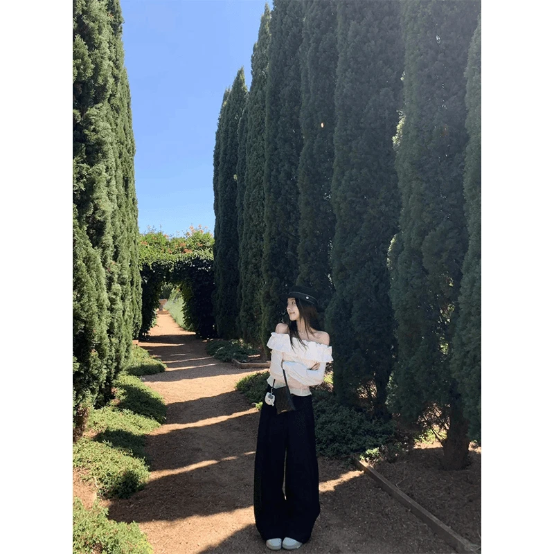 2025早春新款轻熟风气质辣妹一字肩宽松长袖衬衫高腰直筒百搭长裤