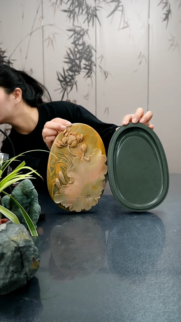 【闪购商品】24公分苴却砚荷花鱼砚台